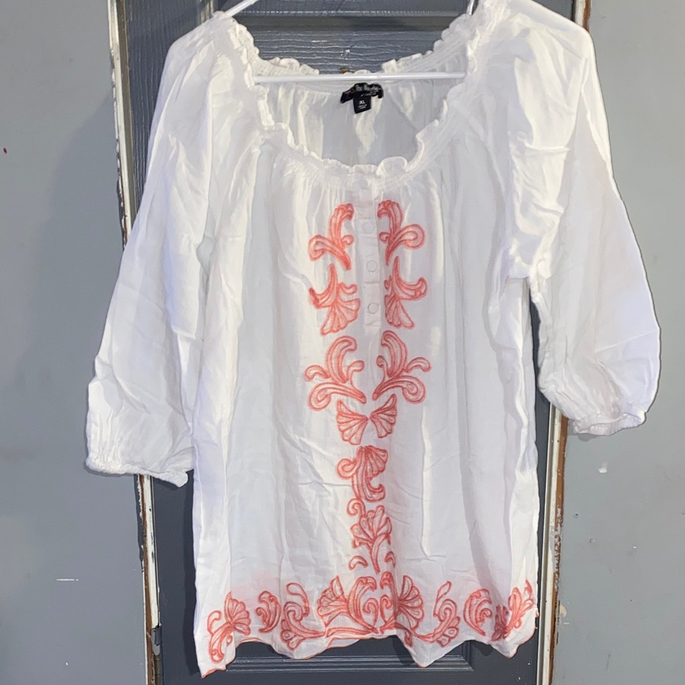 Chic White and Orange Embroidered Blouse